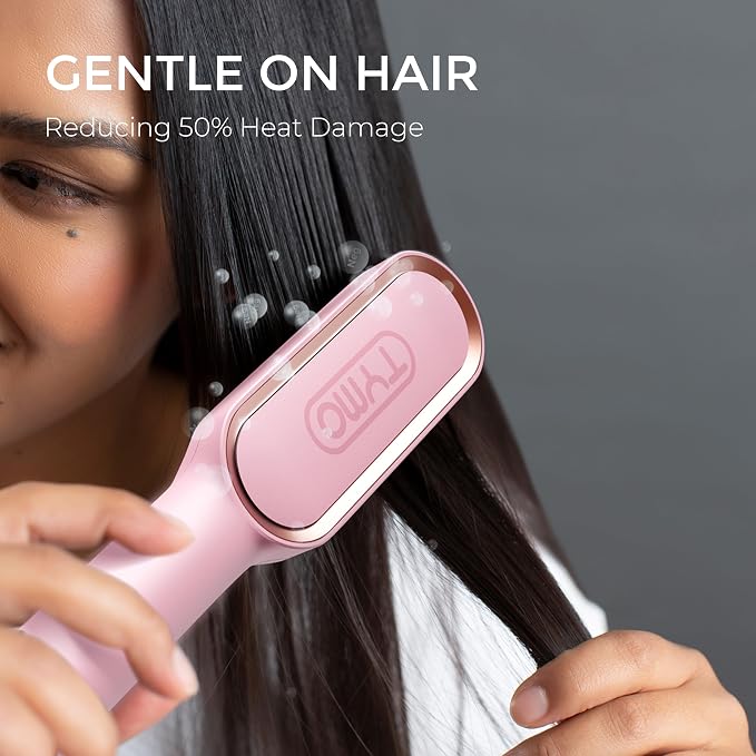 Hair Straightener Brush, TYMO Ring Hair Straightener Comb Straightening Brush for Women with 5 Temps 20s Fast Heating & Dual Voltage, Pink