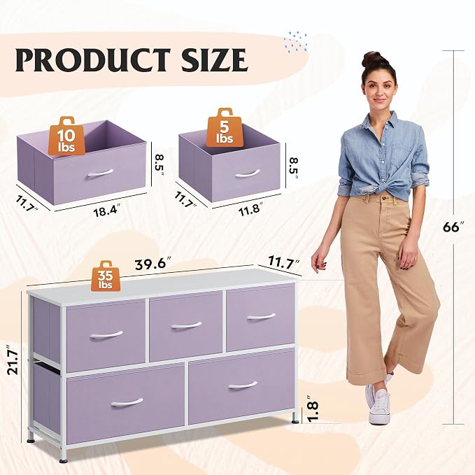 WLIVE Wide Dresser for Bedroom, 5 Drawer Chest of Drawers, Purple | 5 roomy fabric drawers, Wide storage design, Bedroom or closet use, Sturdy steel frame, Smooth wood tabletop