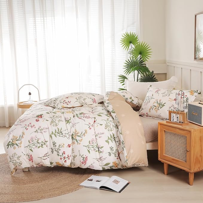 OAITE Duvet Cover Queen Size - 100% Cotton Comforter Cover Floral Duvet Cover Sets 3-PC, Breathable Duvet Cover with Zipper Closure & Corner Ties