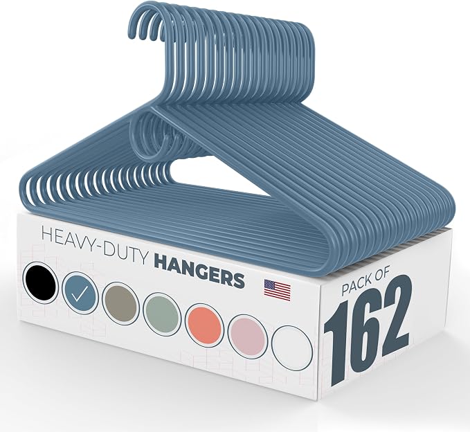 Heavy Duty Clothes Hangers 100+ Pack (162 Count) – Made in the USA – 8lb Capacity Plastic Hangers for Adult Clothing – Durable for Pants, Coats, Jackets, or Jeans – Blue
