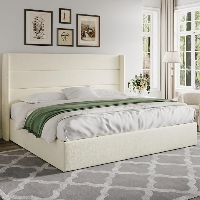 Allewie King Size Chenille Lift Up Hydraulic Storage Bed Frame Cream White | Chenille Fabric Upholstered, Modern Wingback Headboard, Hydraulic Support Storage, No Box Spring Needed