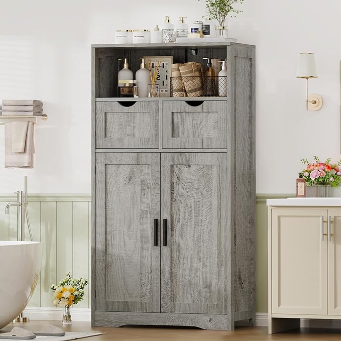 Iwell Storage Cabinet with 2 Drawers & 2 Adjustable Shelves | Kitchen Cabinet, Cupboard, for Living Room, Kitchen, Entryway, Home Office, Grey