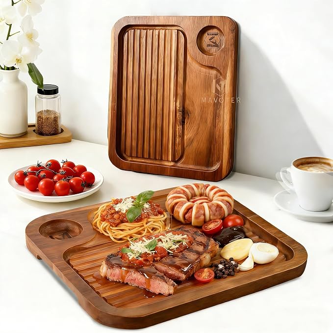 Acacia Wood Steak Plates, Carved Meat Wooden Plate,Stable Food Serving Tray | Anti-slip Cheese Charcuterie Board with Deep Grooves & Hidden Handles,Carnivore Cutting Board for Eating,Housewarming gift