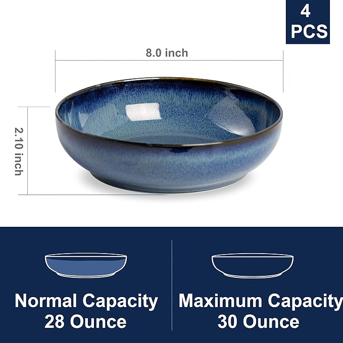 30oz Ceramic bowls set of 4-8" serving bowls for Kitchen,Pasta,Salad-Dishwasher & Microwave Safe Perfect for Housewarming, Thanksgiving, Christmas-Royal Blue