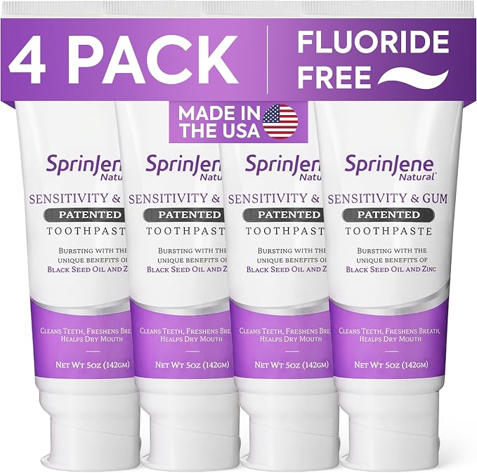 SprinJene Natural Fluoride Free Toothpaste for Sensitive Teeth & Gums – Patented Toothpaste with Black Seed Oil & Zinc – Vegan Dry Mouth Prevention for Fresh Breath – Made in the USA (4 Pack)