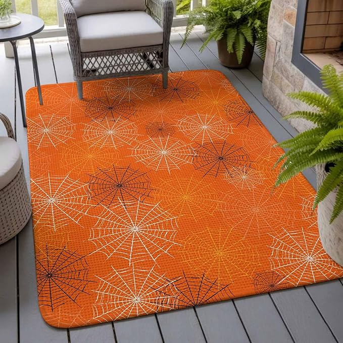 Orange Halloween Washable Area Rugs for Living Room Bedroom, Large Non Slip Indoor Floor Carpet Absorbent Low Pile Black White Net Halloween Door Mat Rugs for Bathroom Entryway 63"x78.7"