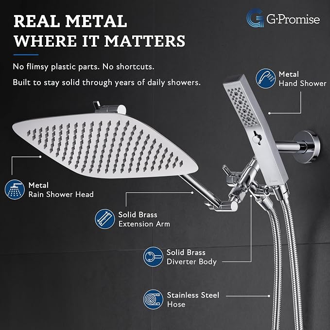 G-Promise All Metal 12 Inch Dual Square Shower Head with Handheld Spray Combo, Rain Shower Head, Adjustable Extension Arm, 3-Way Diverter, 71 Inch Extra Long Hose - A Bathroom Upgrade (Chrome)