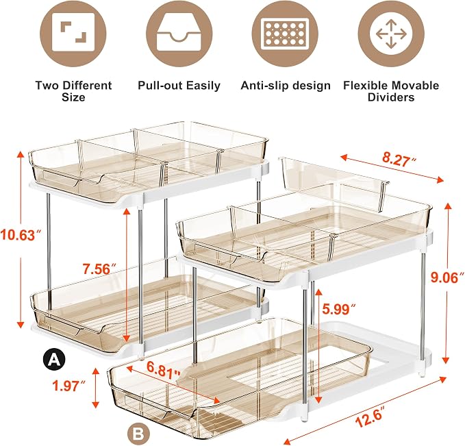 Delamu 2-Tier Multi-Purpose Bathroom Under Sink Organizers and Storage, Stackable Kitchen Pantry Organization, Pull Out Medicine Cabinet Organizer with Movable Dividers, Amber, 2 Pack