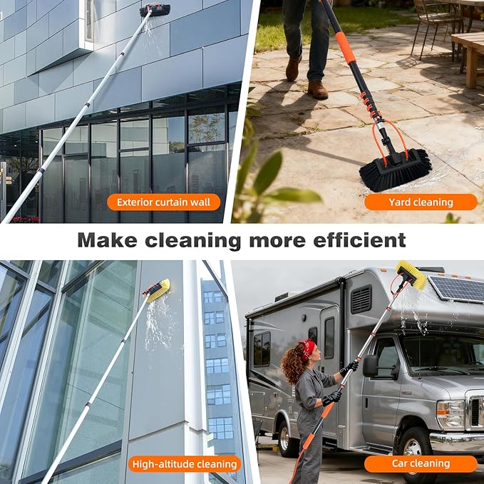 12FT Car Wash Brush with Long Handle, Car Cleaning Brush with 12"Soft Bristle and Hard Bristle, 3-12FT Telescopic Pole with Hose Attachment for Scratch-Free Cleaning Truck,RV,Boat,Siding,Solar Panels