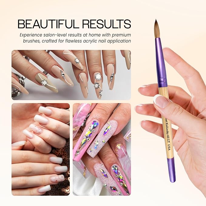 Pana Acrylic Nail Brush Pure Kolinsky Hair Beige Purple Wood Handle with Purple Ferrule Round Shaped Style (Size # 6)