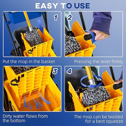 HOMCOM Mop Water Bucket Wringer Cart, Double Mop Bucket, 2 x 6.9 Gallon | Side Press Wringer, Smooth Wheels, Mop-Handle Holder, Easy to Use