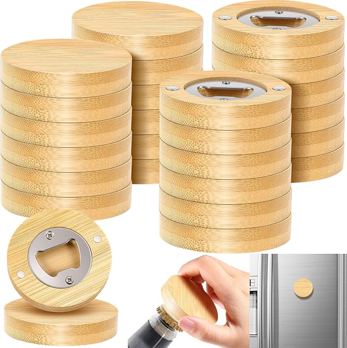 Vesici 24 Pcs Magnetic Bottle Opener 2.5in DIY Wood Round Shape Beer Openers Wooden Fridge Magnet Refrigerator Sticker Gift for Beer Lover Wedding Guest Kitchens Bars Parties