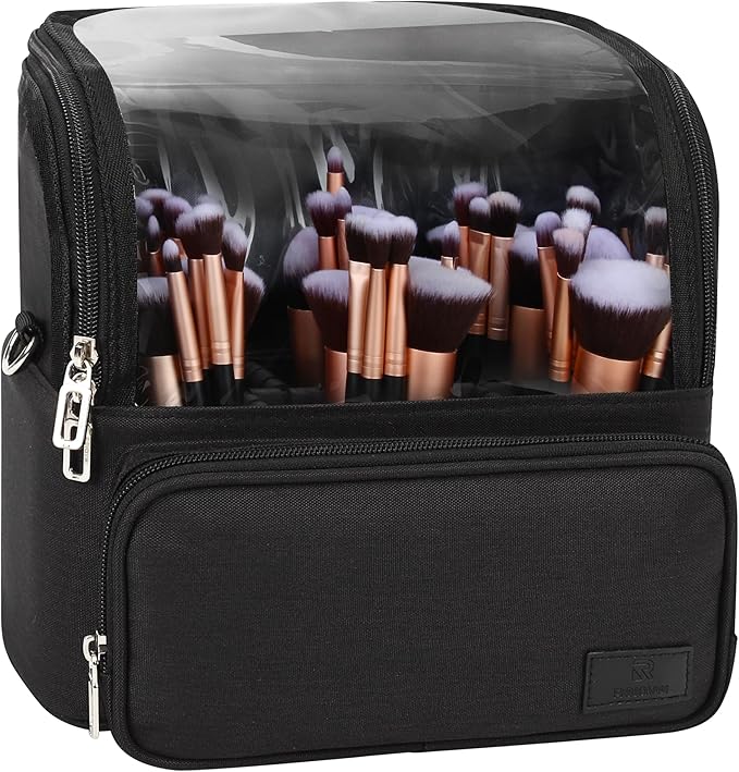 TANTO Makeup Brush Bag, Makeup Brush Holder Travel Extra Large Make up Brush Organizer Case Stand-up Makeup Cup Foldable Pro Cosmetic Artist Storage Bags with Adjustable Divide (01A-Black,X Large)