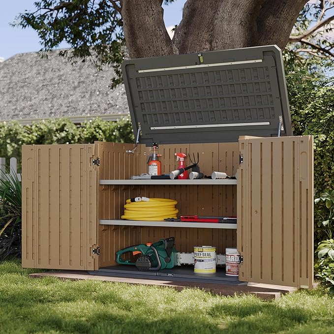 Aoxun Outdoor Storage Cabinet with 2 Shelves, 35 Cu Ft Waterproof Portable Horizontal Resin Shed Outdoor Storage for Garbage Bin, Generators & Yard Gear, and Lawn Mower (Brown)