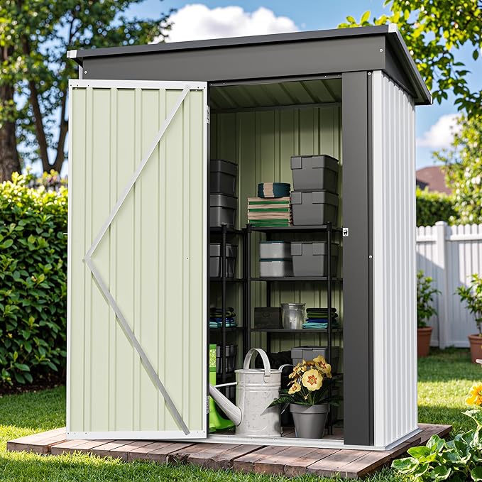 Patiowell 5x3 FT Outdoor Storage Shed, White | Garden Tool Shed, Sloping Roof, Lockable Door, Small Metal Sheds for Backyard Garden Patio Lawn