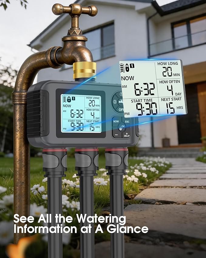 Insoma Water Timer with Brass Inlet, 3 Independent Zones Outdoor Hose Timer for Garden Faucet with Auto/Manual/Rain Delay Mode, IPX5 Waterproof, Sprinkler Irrigation Controller for Yard Lawn