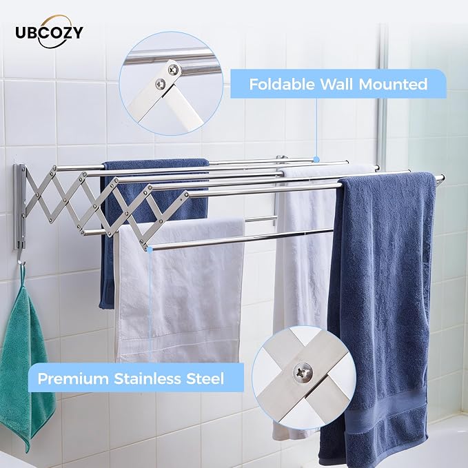 | Clothes Drying Rack Wall Mounted with Hooks - Foldable & Removable Laundry Drying Rack, Extendable 21"-39.4", 110lbs Heavy Duty Drying Rack with 7 Stainless Steel Rods for in & Out Door