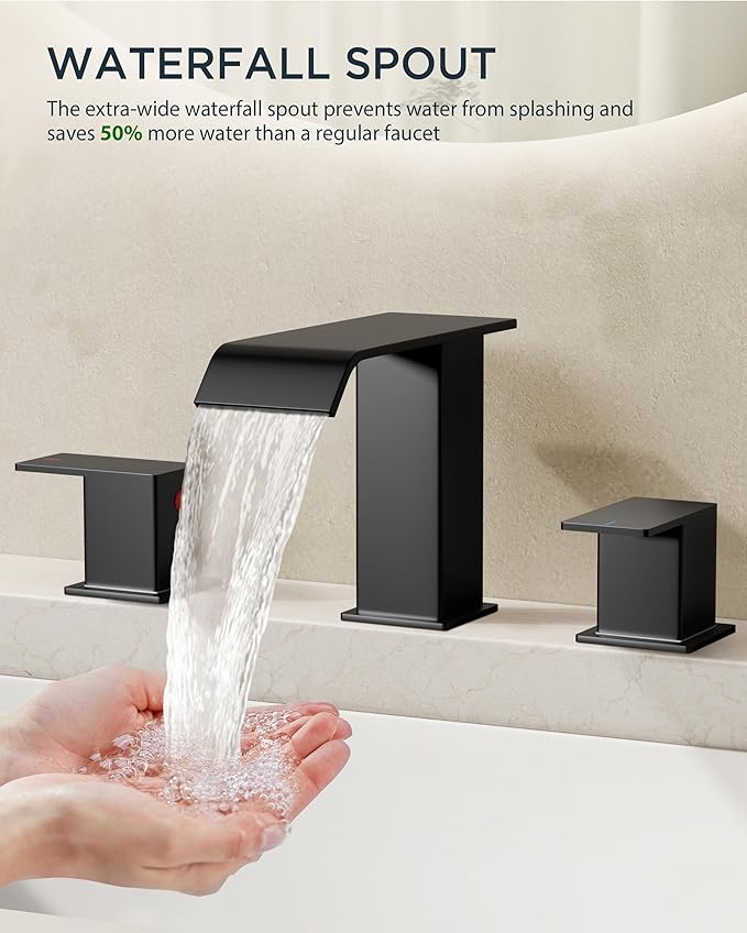 FORIOUS Bathroom Faucets 3 Hole, Matte Black 8 Inch Widespread Bathroom Sink Faucet Waterfall Spout, with Pop Up Drain and Water Supply, Suitable for Vanity Rv Commercial Lavatory Restroom