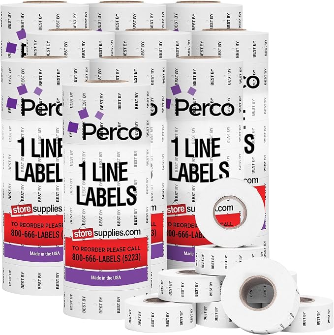 Perco 1 Line BEST BY Labels - 80,000 "BEST BY" Labels for Perco Lite, X, Plus and Pro 1 Line Date Guns - 80 rolls, 10 Sleeves - Made in USA