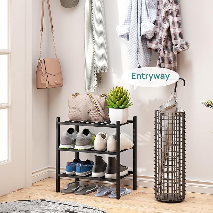 viewcare Small Shoe Rack for Entryway,3-Tier Black Bamboo Shoe Organizer for Hallway Closet, Free Standing Shoe Racks for Indoor Outdoor