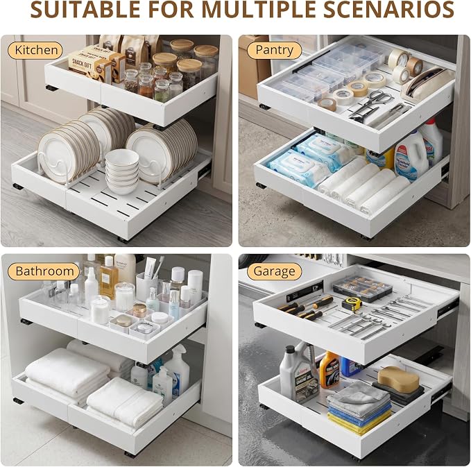 DOMNIU 2 Pack Pull Out Cabinet Organizers Expandable Width(12"-19") and Depth(17"-23"), Metal Slide Out Drawers, Upgrade 3 Slide Rails Sliding Drawer for Kitchen Cabinet Organizer, White