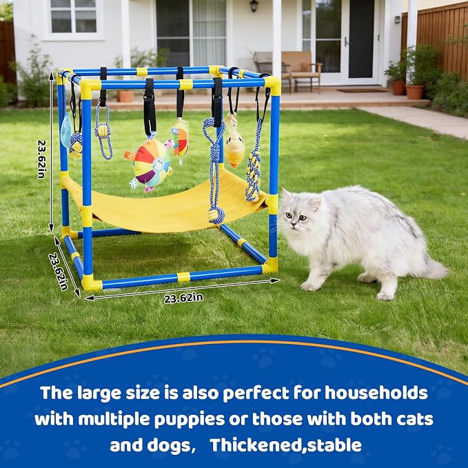 Puppy Play Gym with 12 Hanging Toys, 2-in-1 Dog Play Gym & Hammock, Adjustable Puppy Enrichment Toys for Small Dogs/Cat, Interactive Activity Center, Indoor Playground for Teething (23.6")