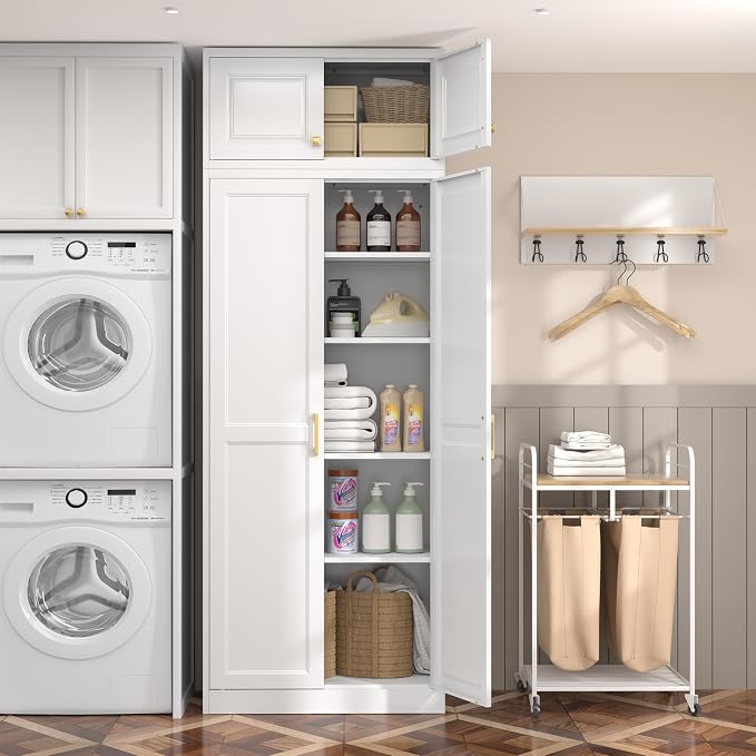 Steeloong 86"Metal Pantry Storage Cabinet with Doors & 4 Adjustable Shelves | Kitchen Pantry Cabinet,White Kitchen Cabinet with 4 Gold Handles,Tall Cabinet for Livingroom,Pantry, Bathroom,Kitchen,Garage
