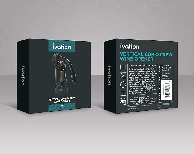 Ivation Wine Bottle Opener | Manual Handheld Corkscrew with Ergonomic Lever Pump, Standing Vertical Design, Soft Bottleneck Grip, Nonstick Screw & Easy No-Twist Cork Removal | Black & Bronze Stainless