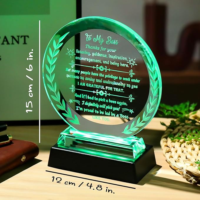 Boss Gifts for Women Men Meaningful Appreciation Retirement Present for Leader with LED Light Base Best Birthday Plaque to My Boss for Office Desk Home