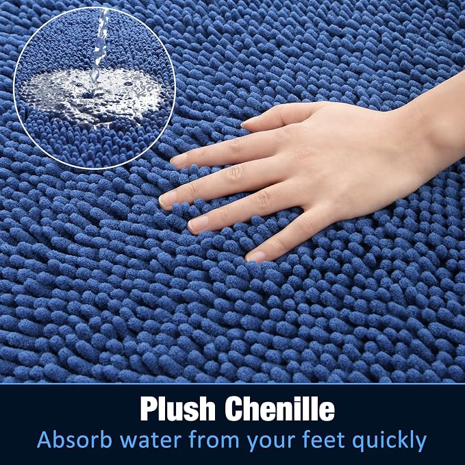 LOCHAS Luxury Bathroom Rug Shaggy Bath Mat 24 x 48 Inch, Blue | Washable Non Slip Bath Rugs for Bathroom Shower, Soft Plush Chenille Absorbent Carpets