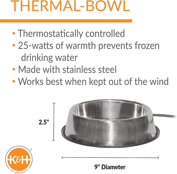 K&H Pet Products Thermal-Bowl Heated Water Bowl for Cats & Dogs Outside, Safety Listed Outdoor Heated Dog Dish for Pets, Automatic No Freeze, Anti Chew Cord - 102 Ounces Stainless 25W | Outdoor Water Stays Unfrozen In Winter. Outdoor Heated Dog Dish fo...