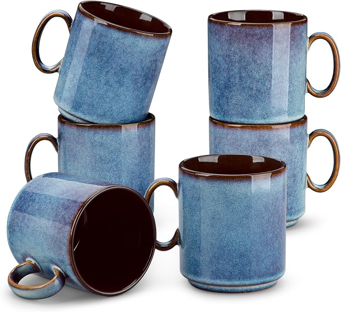 vancasso ONION Ceramic Coffee Mugs Set of 6, 12 Oz Coffee Cups for Latte, Cappuccino, Tea & Hot Cocoa, Artisan Modern Style for Coffee Bar, Home & Kitchen, Microwave & Dishwasher Safe, Deep Blue Gray