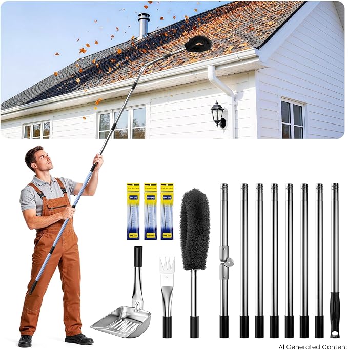 12 FT Gutter Cleaning Tools from Ground, with Shovel & Brush for Outdoor | Includes a 180° Adjustable Turning Head, Anti-slip Keel Belt, No Ladder Needed, Multi-purpose, Made of Stainless Steel.