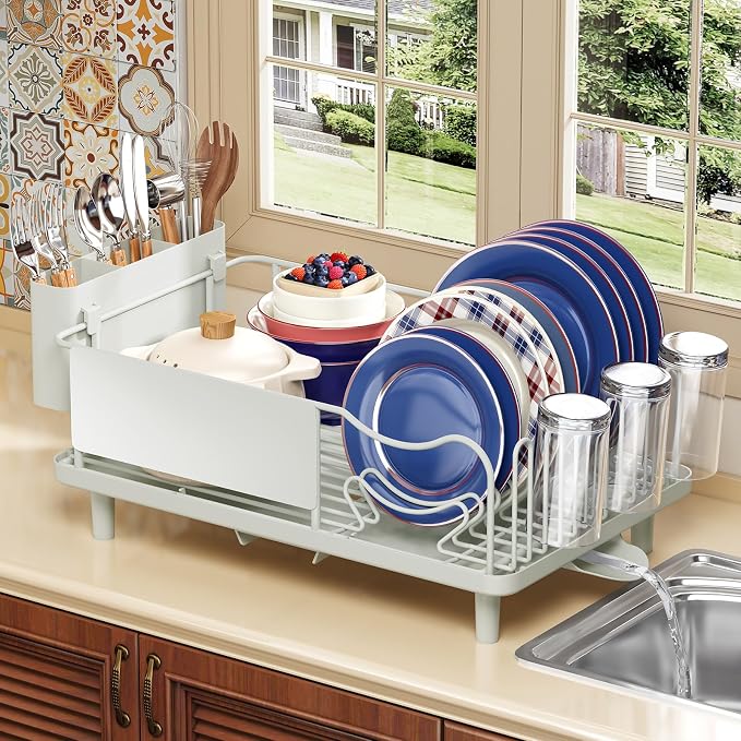 KINGRACK Dish Drying Rack for Kitchen Counter, Dish Drainer with Cup Holder | 16.9"L x 12.4" W Dish Rack with Spacious Drying Capacity, Quick Auto Dish Drainer for Plate Dish Dinnerware, Pale Green