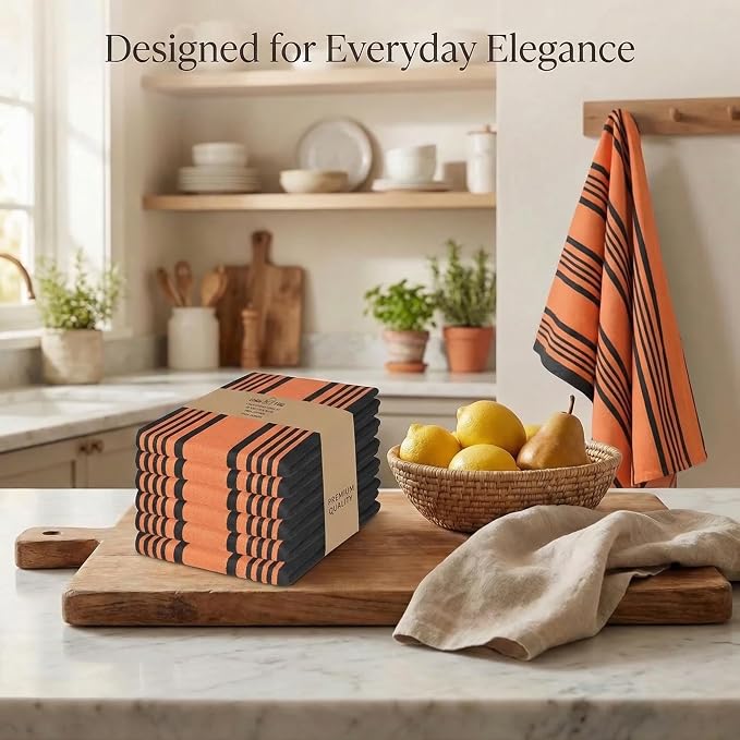 Urban Villa Kitchen Towels Cotton Dish Towels 20”x30” (Set of 6) Orange Blk