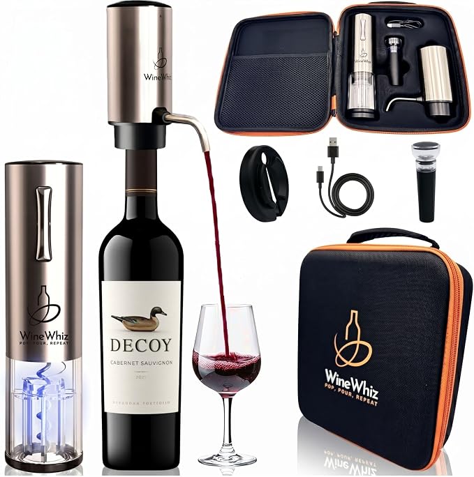 Electric Wine Aerator and Opener Set with Premium EVA Case and Accessories - Rechargeable Automatic Liquor Dispenser Pourer with Foil Cutter, Vacuum Sealer, USB-C Charging Cable - Gift Set