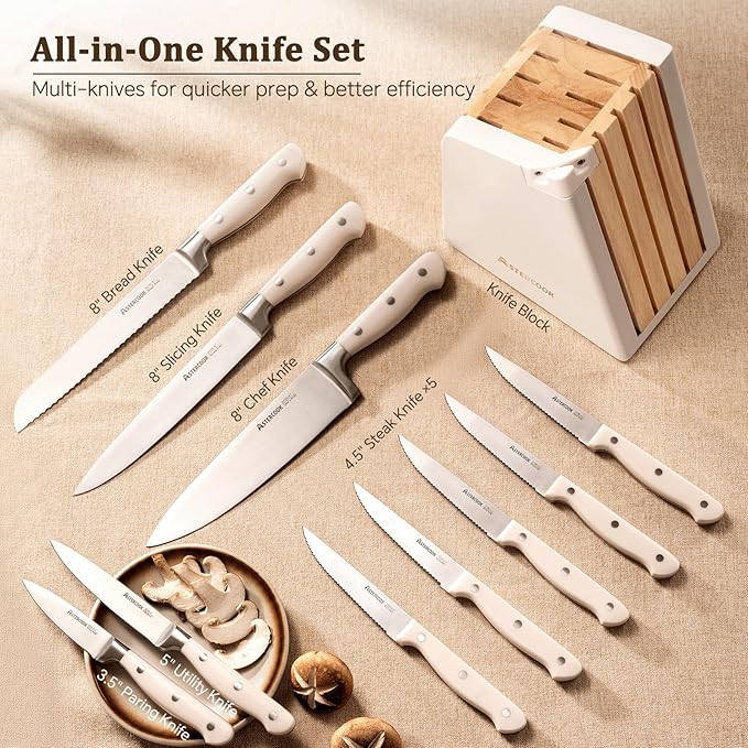 Astercook Knife Set, Kitchen Knife Set with Block and Sharpener, 12 Pcs Ultra-Sharp High Carbon Stainless Steel Knife Block Set with Non-Slip Full Tang Ergonomic Handle, Cream White Cutlery Set