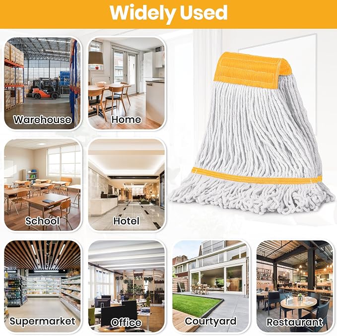 6PK Heavy Duty Commercial Mop Head Replacement- Loop End Cotton Blend String Refill for Side Loading & Clamp Style Mops, Restaurant , Janitorial & Industrial Cleaning(Yellow)