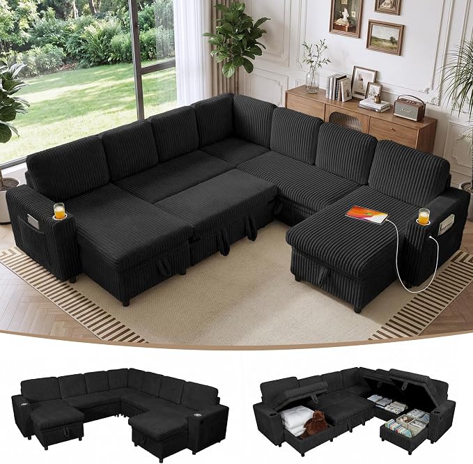 Oversized U-Shaped Sectional Sleeper Sofa for Living Room, Black | Modular Design, Pull Out Bed, Hidden Storage Space, Soft Corduroy, USB Charging, Cup Holders, Easy Assembly