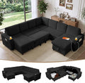 Oversized U-Shaped Sectional Sleeper Sofa for Living Room, Black | Modular Design, Pull Out Bed, Hidden Storage Space, Soft Corduroy, USB Charging, Cup Holders, Easy Assembly
