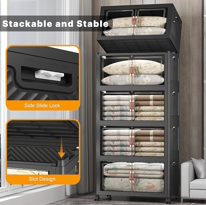 Stackable Storage Bins, 875QT Collapsible Drawers with 2 Lids | Large Capacity, Magnetic Door, Stack Lock, Rolling Wheels, Foldable Design, Organizers and Storage for Bedroom Dorm Garage
