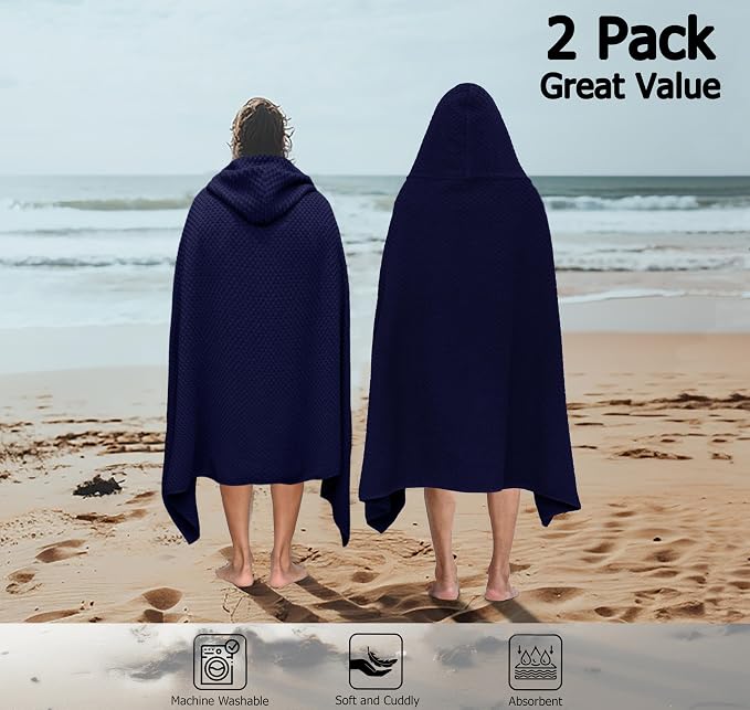 COTTON CRAFT Hooded Bath Towel for Adults – 2 Pack 100% Cotton Bath Sheet | Waffle Weave Oversized 35x70 inch Ringspun Terry Bath Wrap with a hood - Soft Super Absorbent Quick Dry – 450 GSM – Blue