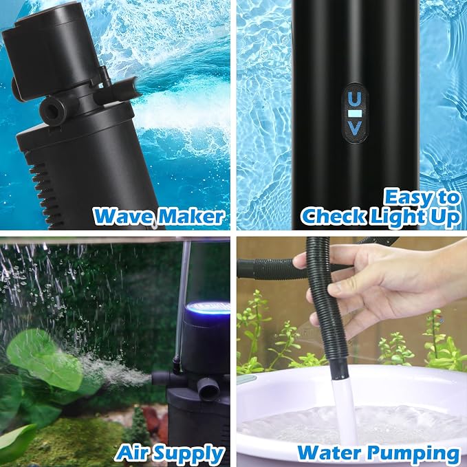 TARARIUM 10-45 Gal U-V Aquarium Filter for Fish Turtle Tank, Dual Outlets | Bio Sponge+U-V, Clear Green Water, Quiet Internal Filter, Aeration, Deodorizing, Top LED Light, Saltwater Freshwater, 132GPH