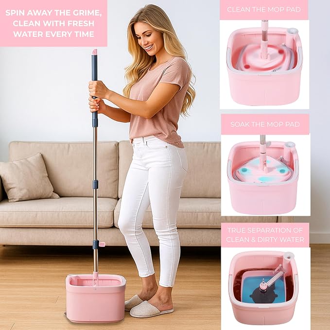 True & Tidy Square Spin Mop & Bucket System w/Machine Washable Pads, Rose