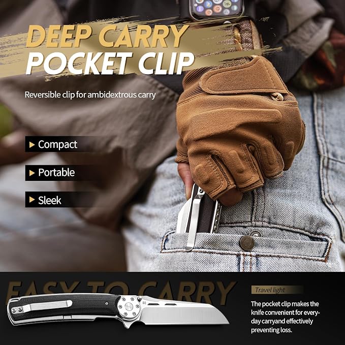 Pocket Knife Folding Knife EDC Knife 9.4in D2 Steel G10 Handle | D2 Steel Blade & G10 Handle: BTFVLY Folding Pocket Knife with sharp blade, durable grip for EDC, camping & outdoor use.