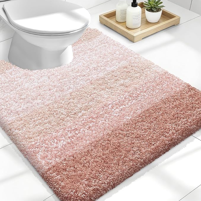 OLANLY Luxury Toilet Rugs U-Shaped 24x20, Extra Soft and Absorbent Microfiber Bathroom Rugs, Non-Slip Plush Shaggy Bath Mat, Machine Wash Dry, Contour Bathroom Mats for Toilet Base, Peach