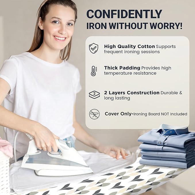 UniSimp Ironing Board Cover and Pad 18"x54" Extra Thick Natural Cotton, Scorch & Stain Resistant Iron Board Cover, Extra Large Iron Board Cover with Fasteners Heavy Duty Heatproof Elastic Edge Foliage