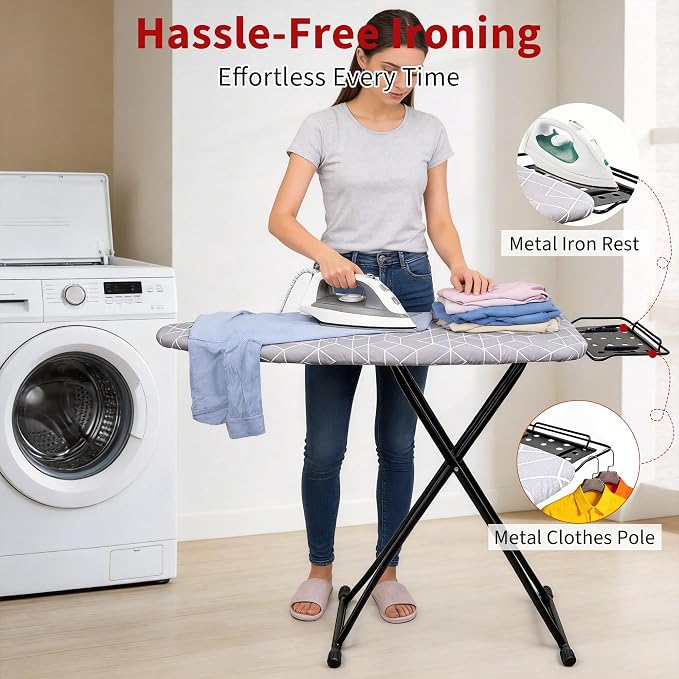 Ironing Board, 43"×13" with Iron Rest, 4 Layer & 7 Adjustable Height Sturdy | Iron Board with Bulit-in Hook and Hanger Bar, Heat Resistant Cover and Pad for Home Dorm Apartment Laundry Room, Gray