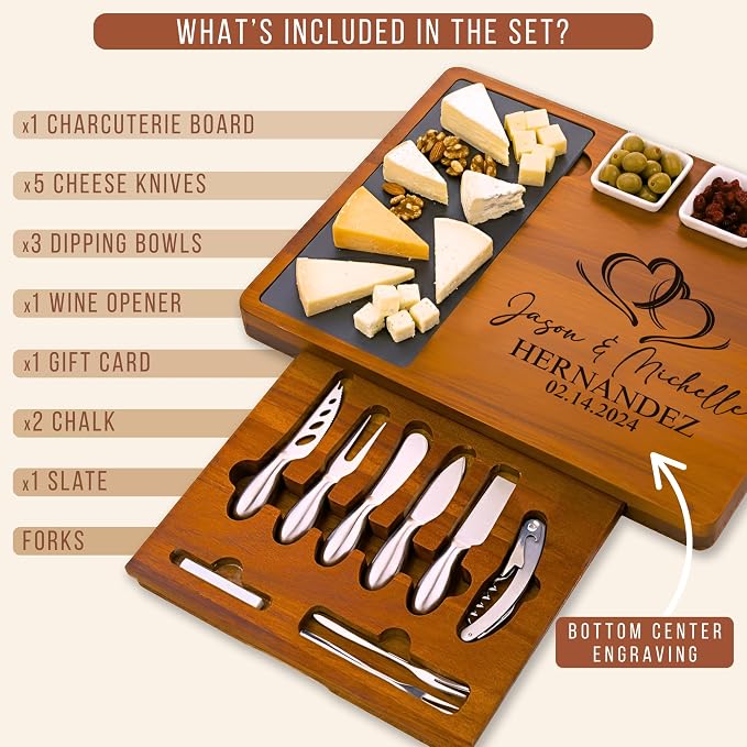 Personalized Acacia Wood Charcuterie Board Set with Stainless Steel Knives – Custom Cheese Board for Wedding, Anniversary, New Mom, Engagement, Housewarming, Bridal Shower, Women, Mother’s Day Gifts
