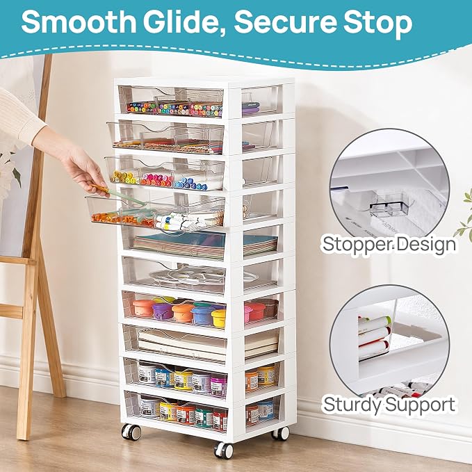 Vtopmart 10 Tier Rolling Cart with Drawers, Clear Plastic Drawers with Removable Dividers for Art &Office Supplies, Beauty Products, Toy, Under Desk Storage for Craft Room, Classroom